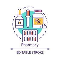 apotek koncept ikon. farmakologiska produkter. medicin, läkemedel i tabletter, droppar, kapslar. behandlingsplan. apotek idé tunn linje illustration. vektor isolerade konturritning. redigerbar linje