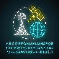 telekommunikation neonljus koncept ikon. övergripande nätverk. satellitanslutning. globalt kommunikationssystem idé. glödande tecken med alfabet, siffror och symboler. vektor isolerade illustration