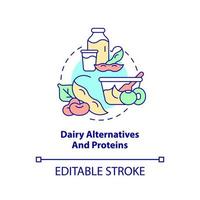 mejerialternativ och proteiner konceptikon. tips för vegan livsstil abstrakt idé tunn linje illustration. isolerade konturritning. redigerbar linje. vektor