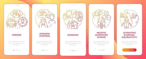 kriterier för ptsd röd gradient onboarding mobilappskärm. symptom genomgång 5 steg grafiska instruktioner sidor med linjära koncept. ui, ux, gui mall. vektor