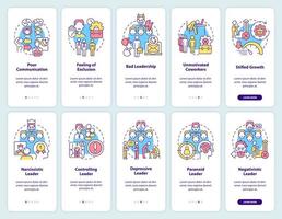 Toxische Arbeitsumgebung beim Onboarding mobiler App-Bildschirmsätze. Workplace Issue Walkthrough 5 Schritte grafische Anleitungsseiten mit linearen Konzepten. ui, ux, gui-Vorlage. vektor