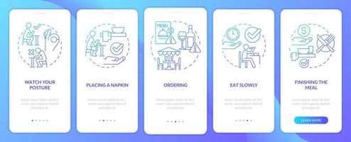 Restaurant-Etikette mit blauem Farbverlauf beim Onboarding auf dem Bildschirm der mobilen App. Komplettlösung 5 Schritte grafische Anleitungsseiten mit linearen Konzepten. ui, ux, gui-Vorlage. vektor