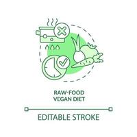raw food vegansk kost grönt koncept ikon. okokta grönsaker. olika vegansk kost abstrakt idé tunn linje illustration. isolerade konturritning. redigerbar linje. vektor