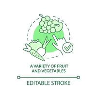 Vielzahl von Obst und Gemüse Symbol für grünes Konzept. tipp für vegane lebensstil abstrakte idee dünne linienillustration. isolierte Umrisszeichnung. editierbarer Strich. vektor