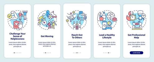 Selbsthilfe mit ptsd-Onboarding-Bildschirm der mobilen App. Wege zur Heilung Walkthrough 5 Schritte grafische Anleitungsseiten mit linearen Konzepten. ui, ux, gui-Vorlage. vektor