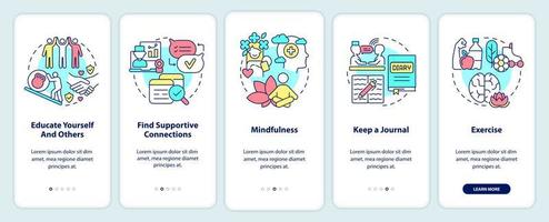 Bewältigung des ptsd-Prozesses beim Onboarding des Bildschirms der mobilen App. Psychotherapie Walkthrough 5 Schritte grafische Anleitungsseiten mit linearen Konzepten. ui, ux, gui-Vorlage. vektor