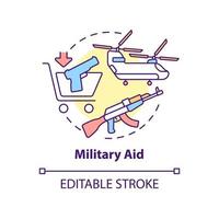 militärt bistånd koncept ikon. typ av internationellt bistånd abstrakt idé tunn linje illustration. dödliga vapen. vapen, flygplan. isolerade konturritning. redigerbar linje. vektor