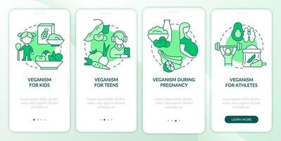 veganer lebensstil für alle grüner onboarding-bildschirm der mobilen app. Komplettlösung 4 Schritte grafische Anleitungsseiten mit linearen Konzepten. ui, ux, gui-Vorlage. vektor