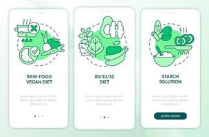 Sorten von veganer Ernährung grüner Onboarding-Bildschirm für mobile Apps. Komplettlösung 3 Schritte grafische Anleitungsseiten mit linearen Konzepten. ui, ux, gui-Vorlage. vektor