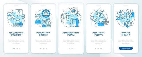 praktiska steg för att bygga karismablå onboarding-mobilappskärm. genomgång 5 steg grafiska instruktioner sidor med linjära koncept. ui, ux, gui mall. vektor
