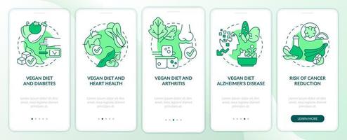 vegane ernährung und krankheiten grüner onboarding-bildschirm der mobilen app. Komplettlösung 5 Schritte grafische Anleitungsseiten mit linearen Konzepten. ui, ux, gui-Vorlage. vektor