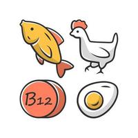 vitamin b12 färgikon. fisk, fågel och ägg. äta nyttigt. kobalamin naturlig matkälla. rätt näring. mineraler, antioxidanter. isolerade vektor illustration