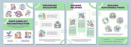 grüne Broschürenvorlage zum Wiederaufbau nach Konflikten. Rückfälle zu vermeiden. Broschürendesign mit linearen Symbolen. 4 Vektorlayouts für Präsentationen, Jahresberichte. vektor