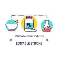 Symbol für das Konzept der pharmazeutischen Industrie. medizin entdecken, produktion. Arzneimittelformulierung. Stößel und Mörser, Kolben, Tabletten Idee dünne Linie Illustration. Vektor isoliert Umrisszeichnung. editierbarer Strich