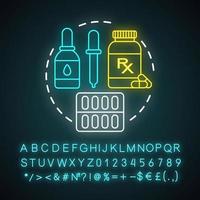 apotek neonljus koncept ikon. farmakologiska produkter. medicin, läkemedel i tabletter, droppar, kapslar. apoteksidé. glödande tecken med alfabet, siffror och symboler. vektor isolerade illustration