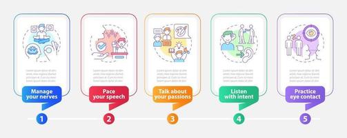 Schritte zur Infografik-Vorlage für das Charisma-Rechteck. Datenvisualisierung mit 5 Schritten. Info-Diagramm der Prozesszeitachse. Workflow-Layout mit Liniensymbolen. vektor