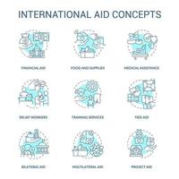 internationale hilfe türkisfarbene konzeptsymbole gesetzt. Ideen für ausländische Freiwilligenmöglichkeiten dünne Linie Farbillustrationen. isolierte Symbole. editierbarer Strich. vektor