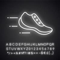Symbol für fliegendes Sneaker-Neonlicht. Bewegung. Komfort-Trainer. Sportschuhe. leuchtendes zeichen mit alphabet, zahlen und symbolen. vektor isolierte illustration