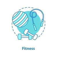 Fitness-Konzept-Symbol. Sportausrüstung Idee dünne Linie Abbildung. Fitball, Seilspringen, Hanteln. Vektor isoliert Umrisszeichnung