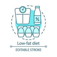 låg fetthalt kost, vegan livsstil koncept ikon. vegetarisk näring idé tunn linje illustration. hälsosam mat. skummjölk, råa ägg och vikt skalor vektor isolerade konturritning. redigerbar linje