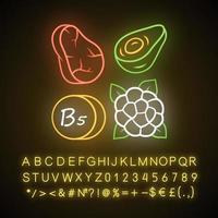 vitamin b5 neonljusikon. kött, avokado och blomkål. äta nyttigt. pantotensyra naturlig matkälla. glödande tecken med alfabet, siffror och symboler. vektor isolerade illustration