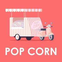 Popcorn-Poster-Vektorvorlage. Street-Food-Fahrzeug. broschüre, cover, broschürenseitenkonzeptdesign mit flachen illustrationen. Fertiggerichte zum Mitnehmen. werbeflyer, broschüre, bannerlayoutidee vektor