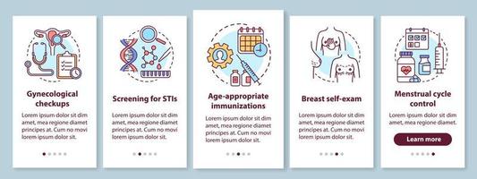 frauengesundheits-onboarding-seitenbildschirm der mobilen app mit linearen konzepten. gynäkologische Diagnose und Vorsorgeuntersuchungen. exemplarische Schritte grafische Anweisungen. ux, ui, gui-vorlage mit illustrationen vektor