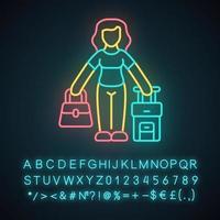 Symbol für Neonlicht der Immigrantin. reisender, urlauber, passagier mit handtasche und koffer. Einwanderung. leuchtendes zeichen mit alphabet, zahlen und symbolen. vektor isolierte illustration