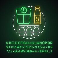 fettarme Diät Neonlicht-Konzept-Symbol. vegane Lifestyle-Idee. leuchtendes zeichen mit alphabet, zahlen und symbolen. vegetarische Ernährung. entrahmte milch, rohe eier und waagen vektor isolierte illustration