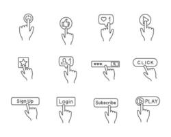 App-Schaltflächen lineare Symbole gesetzt. klicken. Social-Media-Schnittstelle. Webseitennavigation. dünne Linienkontursymbole. isolierte vektorumrissillustrationen. editierbarer Strich vektor