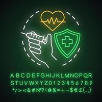 schutz vor krankheiten neonlichtkonzept symbol. Idee eines gesunden Lebensstils. leuchtendes zeichen mit alphabet, zahlen und symbolen. schild mit kreuz, spritze und herzvektor isolierte illustration vektor