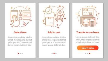 online-shopping-onboarding-bildschirm der mobilen app-seite mit linearen konzepten. digitale Kaufschritte grafische Anleitung. Artikel auswählen, in den Warenkorb legen, bezahlen. ux, ui, gui-vektorillustrationen vektor