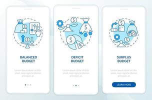 Budgetklassifizierung blauer Onboarding-Bildschirm der mobilen App. Finanzplan Walkthrough 3 Schritte grafische Anleitungsseiten mit linearen Konzepten. ui, ux, gui-Vorlage. vektor