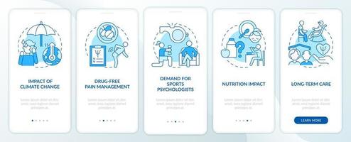 trends in psychologie und psychischer gesundheit blauer onboarding-bildschirm der mobilen app. Komplettlösung 5 Schritte grafische Anleitungsseiten mit linearen Konzepten. ui, ux, gui-Vorlage. vektor