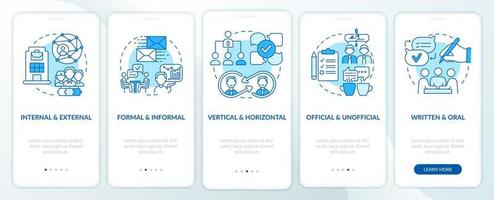 Projektkommunikationsmanagement blauer Onboarding-Bildschirm für mobile Apps. Komplettlösung 5 Schritte grafische Anleitungsseiten mit linearen Konzepten. ui, ux, gui-Vorlage. vektor