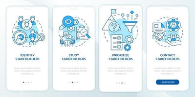 Schritte der Stakeholder-Beziehungen blauer Onboarding-Bildschirm der mobilen App. Komplettlösung 4 Schritte grafische Anleitungsseiten mit linearen Konzepten. ui, ux, gui-Vorlage. vektor