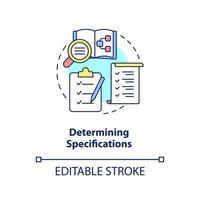 Symbol für das Konzept der Spezifikationen bestimmen. informationssystem entwicklungsphase abstrakte idee dünne linie illustration. isolierte Umrisszeichnung. editierbarer Strich. vektor