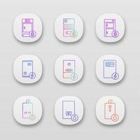 värme app ikoner set. gas, el, fast bränsle, pannor och varmvattenberedare. centralvärmesystem för kommersiella, industriella och bostäder. ui ux användargränssnitt. vektor isolerade illustrationer