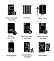 Heizglyphensymbole gesetzt. Boiler, Heizkörper, Warmwasserbereiter. Gas, Elektro, feste Brennstoffe, Pellets, Kessel. gewerbliche, industrielle und private Zentralheizungssysteme. vektor isolierte illustration