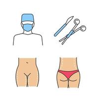 plastikkirurgi färg ikoner set. kirurg, kirurgisk skalpell och klämma, lårlyft, midjekorrigeringskirurgi. isolerade vektorillustrationer vektor