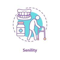 Symbol für das Konzept der Senilität. ältere medizinische pflege idee dünne linie illustration. alter mann mit gehhilfe, zahnersatz und medikamenten. Vektor isoliert Umrisszeichnung