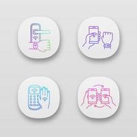 App-Symbole für NFC-Technologie festgelegt. ui ux-benutzeroberfläche. Nahfeld-Türschloss, Armband, Zahlungsterminal, Datenübertragung. Web- oder mobile Anwendungen. Vektor isolierte Illustrationen