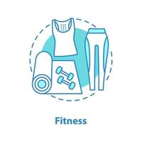 Fitness-Konzept-Symbol. Sportausrüstung Idee dünne Linie Abbildung. Yogamatte, Hanteln, Sportbekleidung. Vektor isoliert Umrisszeichnung