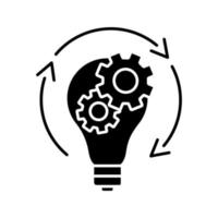 Glyphen-Symbol für die Ideengenerierung. Startup-Entwicklung. neues Geschäftskonzept. Innovationen. glühbirne mit zahnrädern innen und kreispfeil. Silhouettensymbol. negativer Raum. vektor isolierte illustration