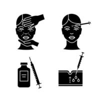 Neurotoxin-Injektions-Glyphen-Symbole gesetzt. Kosmetologische Untersuchung, Spritze und Fläschchen, subkutane Injektion in die Stirn. Silhouettensymbole. vektor isolierte illustration