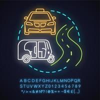 taxi service neon ljus koncept ikon. stadstransportidé. bil och auto rickshaw. glödande tecken med alfabet, siffror och symboler. vektor isolerade illustration