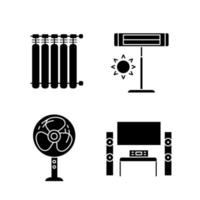 Glyphensymbole für Haushaltsgeräte festgelegt. Heizkörper, Infrarotheizung, Standbodenventilator, Heimkinosystem mit Fernseher. Silhouettensymbole. vektor isolierte illustration