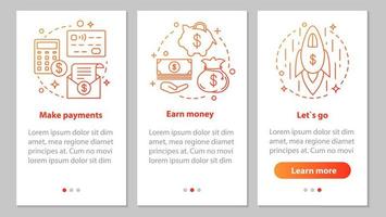 geschäftsentwicklung onboarding mobiler app-seitenbildschirm mit linearen konzepten. Finanzdienstleistungen. Zahlung leisten, Geld verdienen, Startup starten. Schritte Anweisungen. ux, ui, gui-vektorillustrationen vektor