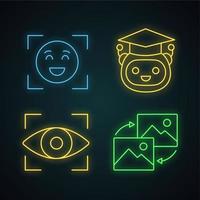 Symbole für Neonlicht für maschinelles Lernen festgelegt. Emotionserkennung, Lehrer-Bot, Retina-Scan, Datentransformation. leuchtende Zeichen. Vektor isolierte Illustrationen