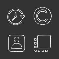 ui ux kreidesymbole gesetzt. Update, Copyright, Benutzerkonto, Flip-to-Front-Button. isolierte vektortafelillustrationen vektor